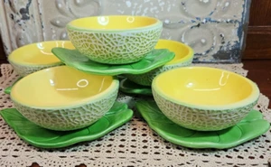 Unique Set of 5 Vintage 1970s Ceramic Cantaloupe Fruit Bowls w/ Leaf Base Japan - Picture 1 of 13