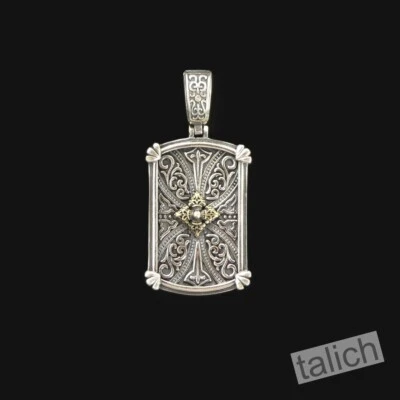 925 Sterling Silver Ornate Scroll Rectangle Dog Tag Pendant with Brass Cross - Image 1 of 4