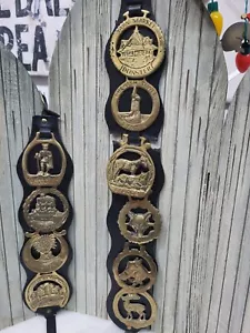 Vintage Solid Brass Horse Bridal Medallions on Leather 10 - Picture 1 of 12