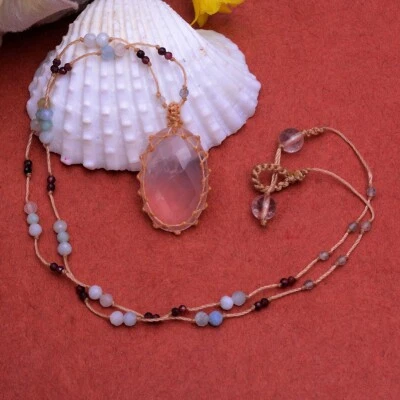 Handgefertigt Natürlich Rose Quarz Checker Schnitt Makramee Perlen Halskette - Bild 1 von 4