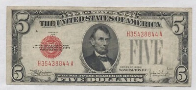 Billete de Estados Unidos 1928-E de 5 dólares de curso legal sello rojo en muy buen estado Foto 1 de 2