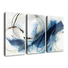 Blue Grey Abstract Canvas Wall Art, 3 Pieces, Ink Wall Decor for Home & Bedroom