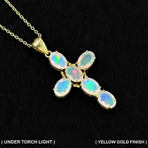 Natural Fire Opal Cut Holy Cross Pendant 925 Sterling Silver October Birthstone - Picture 1 of 4