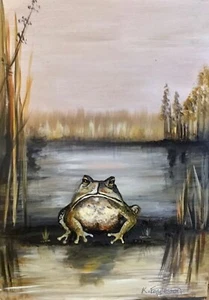 Original Painting. Frog. Pond. Wildlife. Fine Art.Signed K Eggleston - Picture 1 of 3