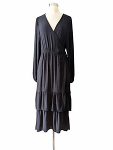 KNOX ROSE Wrap Dress Black Textured Tiered Long Sleeve V Neck Maxi MEDIUM - Picture 1 of 9