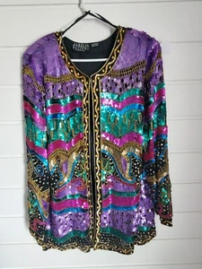 Vintage Jakelin Designs Pailletten Perlen 80er Bluse Shirt Top Damen Seide Blinged  - Bild 1 von 21