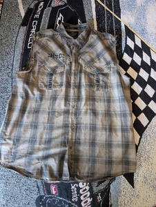 Harley-Davidson Mens 2XL Gray Plaid Blowout Sleeveless Shirt Winged Logo On Back - Picture 1 of 16