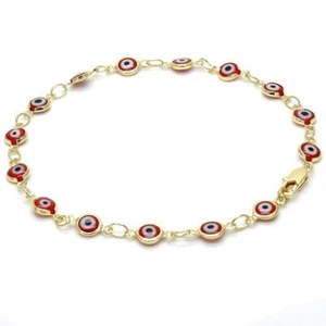Women's 14K Gold Filled Fancy Greek Key Red Resin Evil Eye Anklet 10 inches - Picture 1 of 1
