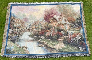 VTG Thomas Kinkade Painter of Light Tapestry Throw Blanket Lamplight Bridge 2000 - Picture 1 of 9