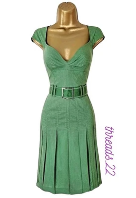 Karen Millen Vintage UK16 US12 Fit & Flare Pleated Swing Dress Belt Green ExCon  - Image 1 of 4