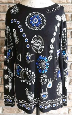 Carducci винтажный 80-х свитер женщин маленький черный искусственный жемчуг и сапфир дизайн хлопок - Изображение 1 из 4