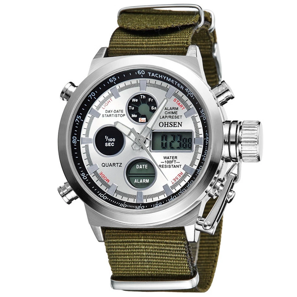 OHSEN Men Watch LED Digital Quartz Dual Time Male Military Nylon Wrist Watches - Image 1 of 4