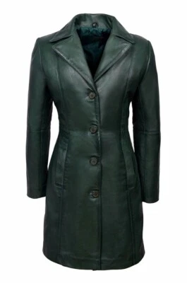Ladies & Women's BOTTLE GREEN Real Lambskin Leather Knee-Length Trench Coat - Image 1 of 4