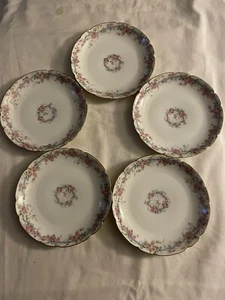 5 GDA FRANCE 7.5" BREAD DESSERT PLATES Pink Cabbage Roses w/Gold Trim C 1900 EUC - Picture 1 of 7