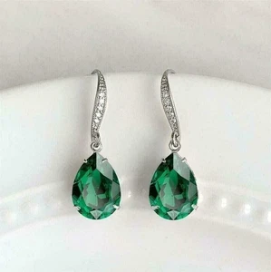 9.00 Ct Green Emerald & Moissanite Drop Earrings 14K White Gold Plated - Picture 1 of 5