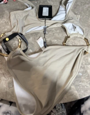 PRETTY LITTLE THING BAMBOO RING CUTOUT ONE  PIECE SWIMSUIT. SIZE 4 TAN NEW! - Image 1 of 4