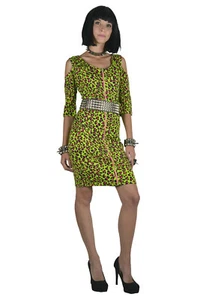 JAWBREAKER PUNK ROCK SEXY 80 NEON LIME LEOPARD ZIPPER FITTED GREEN DRESS DRA2424 - Picture 1 of 5