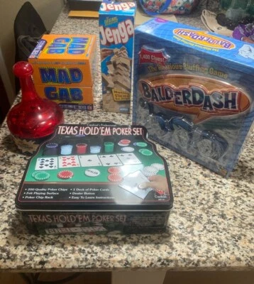 Paquete de juegos de mesa usados - Mad Gab, Jenga, BalderDash, Sorry Card Revenge, póker Foto 1 de 4