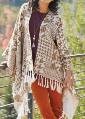 Mantón envolvente Soft Surroundings tonos terrosos marrón con flecos talla única O/S nuevo con etiquetas Foto 1 de 4