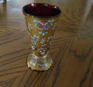 ANTIQUE MOSER BOHEMIAN CRANBERRY GLASS ENAMEL RAISED FLOWERS HEAVY GOLD TUMBLER - Picture 1 of 8