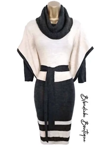Karen Millen Size 1 UK 8 10 RARE GREY BEIGE STRETCH KNIT BELTED JUMPER DRESS - Picture 1 of 6
