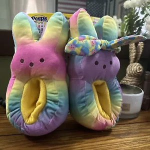 Peeps Plush Bunny Slippers Multicolor Rainbow Headband Big Kids Size Medium 13-1 - Picture 1 of 7