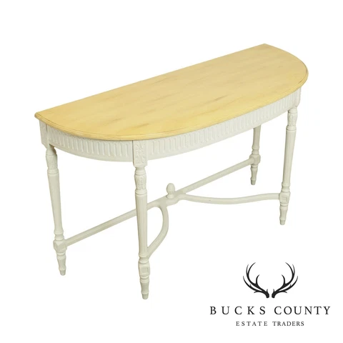 French Louis XVI Style Painted Demilune Console Table (A) Cover