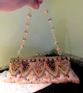 Chateau Satin Beaded Floral Beige Evening Bag Purse Vintage - Picture 1 of 11