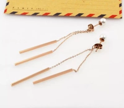 NUEVO Para mujeres Oro Rosa 18K Relleno 5mm Barra de Perlas Colgantes Pendientes Joyería Foto 1 de 4