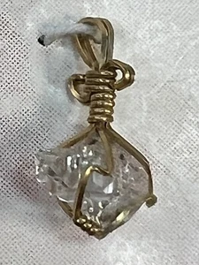 Small Clear Herkimer Diamond Natural Gemstone Pendant Gold Plate Wire Wrapped - Picture 1 of 12
