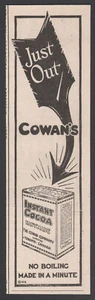 1923 Canadian Cowan Co. print ad Just Out - Instant Cocoa - Picture 1 of 1