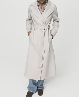 Nuevo Abrigo Cinturón Mujer M Mango MNG Hecho a Mano Lana Gris Helado Blanco Crema Rasgado Nuevo con Etiquetas Foto 1 de 4