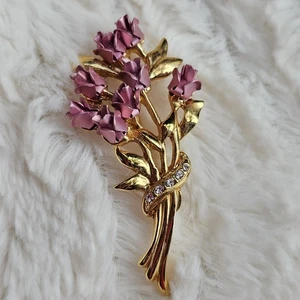 Broche chapado en oro vintage de los años 90 firmado WLIND ramo de rosas rosas con pedrería - Imagen 1 de 16