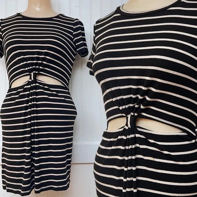 Forever 21 Black White Striped Cutout Ruched Ribbed Mini Dress Women's Small - Image 1 of 4