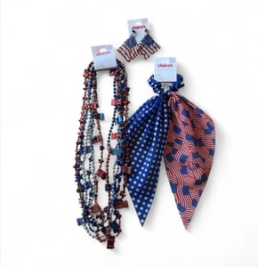 NWT Lot 3 Claire's Patriotic 4th of July Earrings 6 Necklaces Hair Bow NEW - Picture 1 of 4