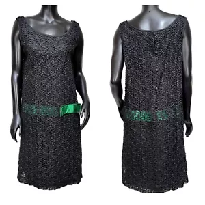 Abito vintage anni 60 Bains Las Vegas nero testurizzato maglia cambio mod verde fiocco - Foto 1 di 11