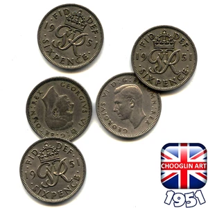 Set of (x5) BRITISH 1951 GEORGE VI SIXPENCE 6d coins, 74 Years Old! - Picture 1 of 1