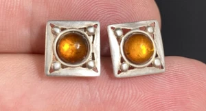 Sterling Silver Amber Geometric Square Post Earrings - Picture 1 of 5