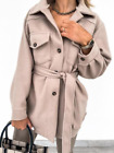 Womens Warm Thick Fleece Shacket Casual Jacket Tie Belt Top Shirt Coat Oversize