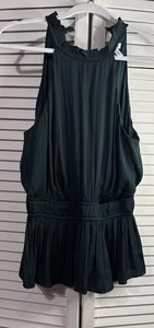 NINE WEST Small CRUZ Green HALTER NECK PEPLUM SMOCKED CRINKLE TEXTURE TOP - Picture 1 of 9