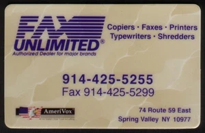 FAX Unlimited (New York) Dealers in Copiers, Faxes, Printers... PROOF Phone Card - Picture 1 of 1