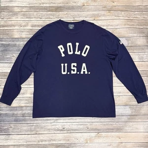 Polo Sport Ralph Lauren Vintage Navy Blue Ivory Distressed Print Long Sleeve T - Bild 1 von 7