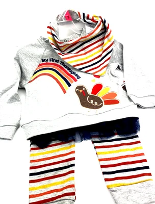 Conjunto de traje de bebé primer Día de Acción de Gracias talla 18 m niñas a juego 3 piezas babero pantalones Foto 1 de 4