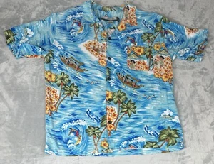 Vintage Ocean Current  Hawaiian Shirt Mens M Hula Girl Surfer Beach Floral Rayon - Picture 1 of 8