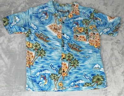 Vintage Ocean Current  Hawaiian Shirt Mens M Hula Girl Surfer Beach Floral Rayon - Image 1 of 4