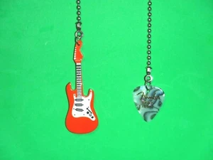 Guitar Ceiling Fan Pull Chain Set. Hand Made Orange Wood Guitar With Real Pick - Picture 1 of 3