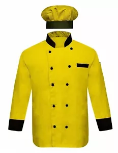 Chef Coat with Cap Full Sleeve Jacket Cuff and Collar Black Uniform for Men's - Picture 1 of 9