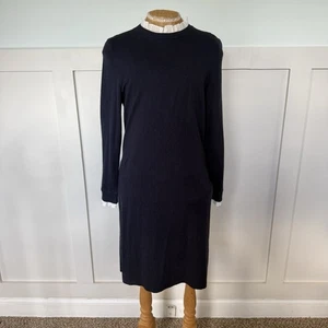 Boden Sweater Dress Women’s 8 Navy Blue Ruffle Collar School Girl Minimalist - Picture 1 of 11
