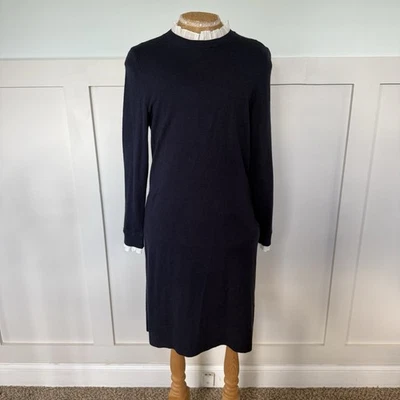Boden Sweater Dress Women’s 8 Navy Blue Ruffle Collar School Girl Minimalist - Image 1 of 4