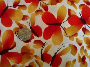 VARIEGATED Vintage ORANGE YELLOW BUTTERFLIES On WHITE 1990's COTTON Fabric- 1 yd - Picture 1 of 2